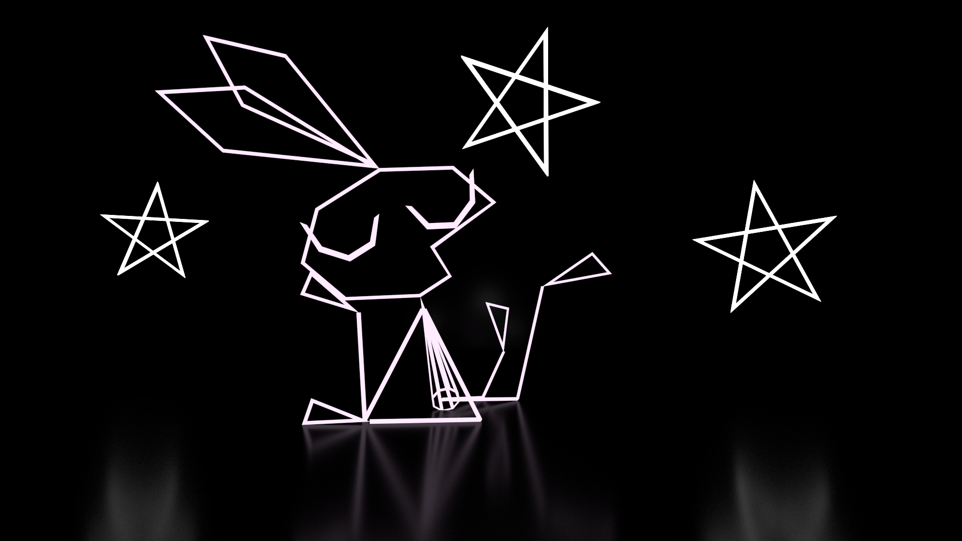 3D render. Vibri lays on her front, has her eyes closed, and supports her head with one arm. The background is black and features 3 pentagram stars. The ground is shiny and reflective.