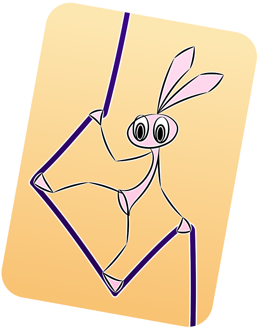 2D vector drawing. Vibri, drawn in solid pink, performs aerial acrobatics using a thick purple line. She is seemingly standing on it. The background is a tilted, rounded yellow rectangle with the rest of the image being transparent.