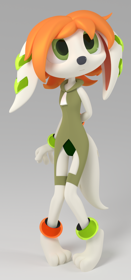 3D render. Milla Basset is standing with her knees touching and one hand hidden behind her back. She is looking slightly upwards. She is wearing the olive-green attire of the first Freedom Planet game. The background is light gray and the lighting is soft.