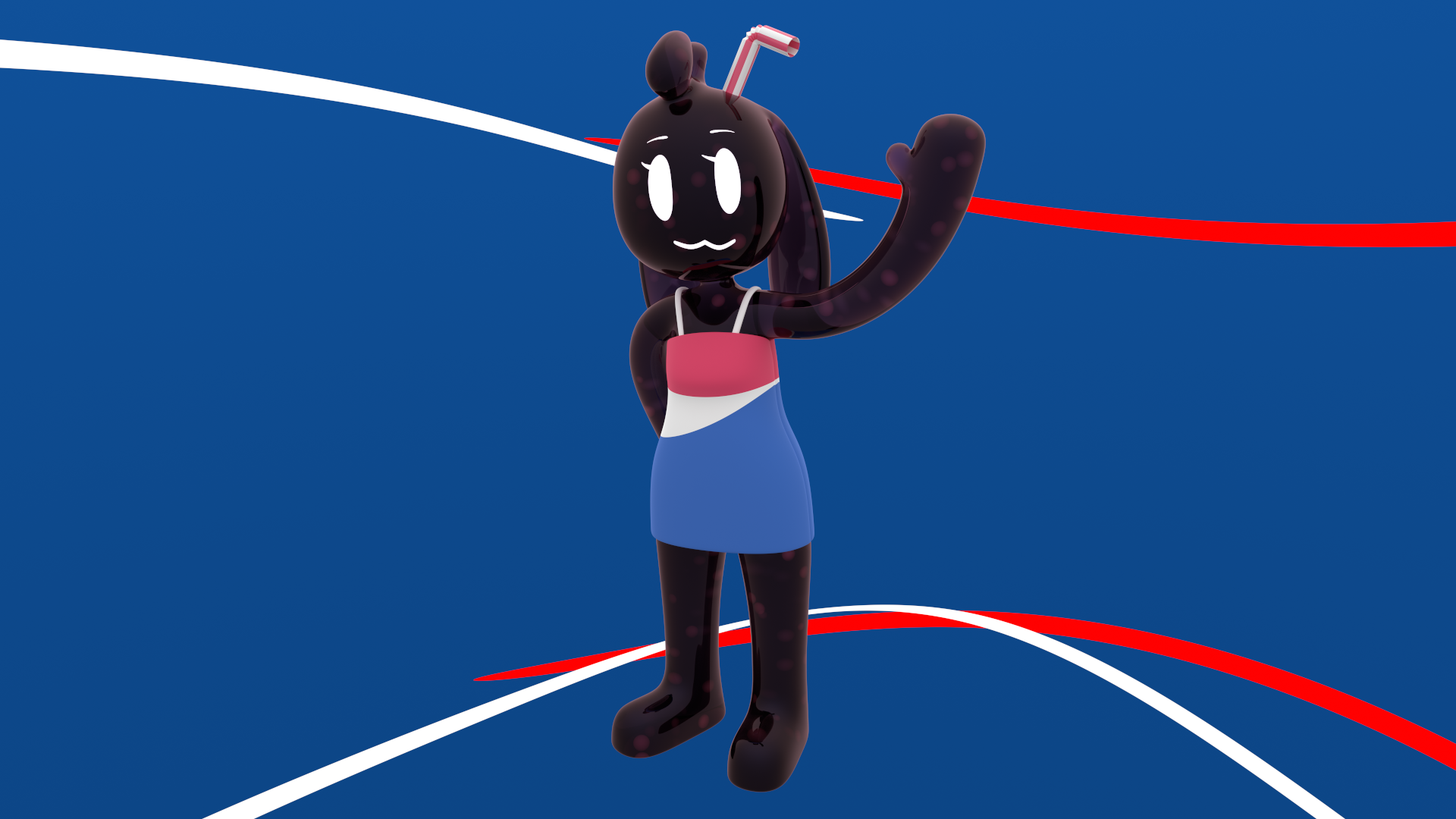 3D render. Soda Poppy waves her left arm at the viewer. She is a being made of dark purple liquid and wears a dress that vaguely resembles the 2014 Pepsi Globe logo. The background is solid blue with a few white and red curved lines.