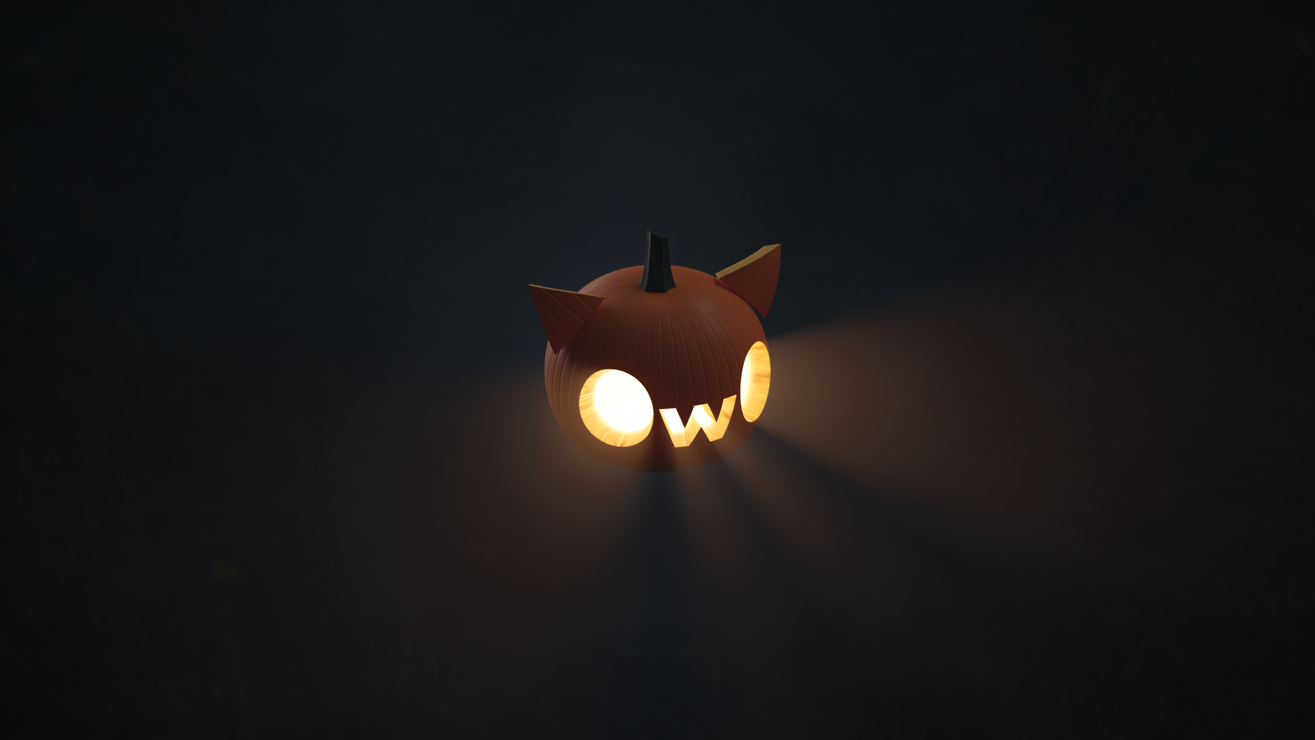 A Jack O'Lantern with an OwO-shaped face and triangular pumpkin pieces for ears. It's placed far from the viewer. The lantern creates glowing cones of light in the fog in front of it. The background is dark and gloomy.