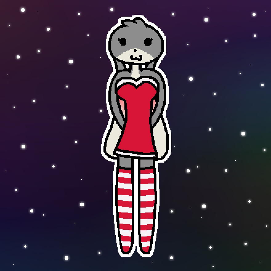 2D pixelated drawing. Tumby is smiling with her arms behind her back, directly facing the viewer. She is wearing red and white striped thigh-high socks and a red dress without shoulder straps. The background is dark but features many different hues, as well as white dots of various sizes that resemble falling snow.