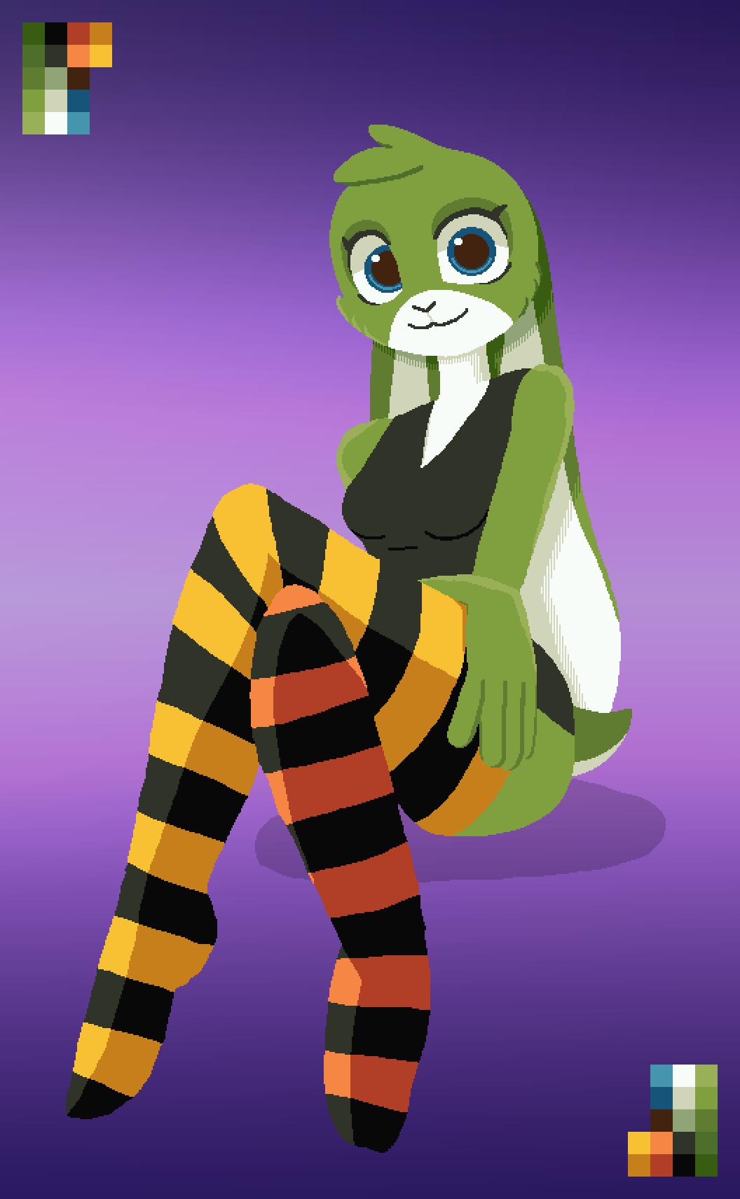 2D pixelated drawing. Tumby smiles at the camera and is sitting with her legs crossed. Her right hand is hanging over her left leg. She is wearing a black sleeveless blouse and orange/black striped thigh-high socks. The socks are slightly different colors. The background is a gradient of purple and pick shades. Color swatches are depicted in the top-left and bottom-right corners.