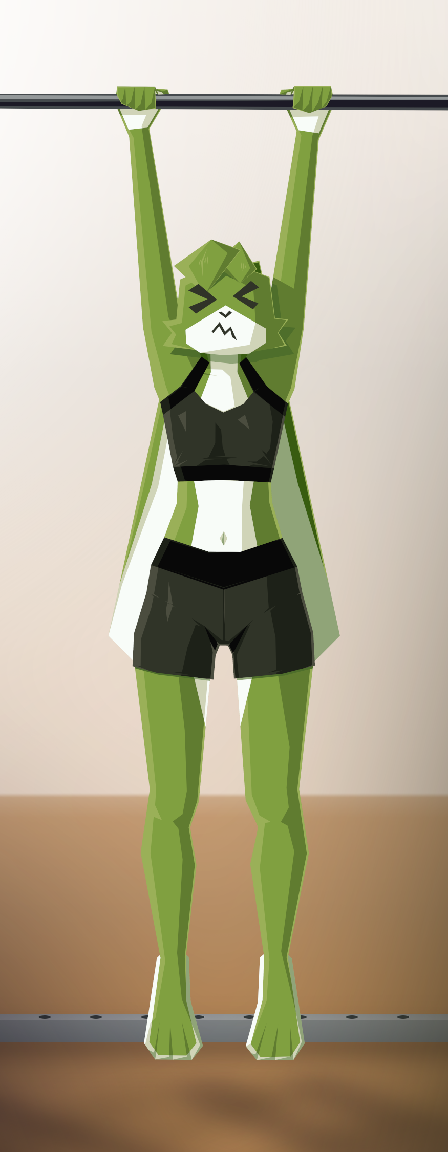 2D vector drawing. Tumby makes a scrunched face while holding onto a pull-up bar. She is wearing a black sports bra and black gym shorts, exposing her belly. The background includes a white wall, brown floor and some of the frame of the pull-up bar.